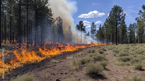 Controlled burn in a pine forest; flames spread along a firebreak under a partly cloudy sky. Illustrates forest management techniques to reduce wildfire risk and improve ecosystem health. photo