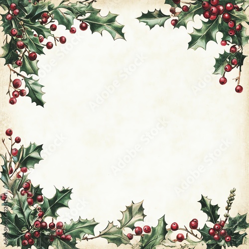 Festive holly border with red berries and green leaves on vintage background.