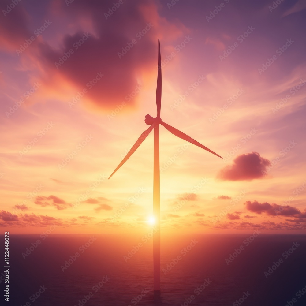 Obraz premium Silhouette of a wind turbine against a vibrant sunset over the ocean.