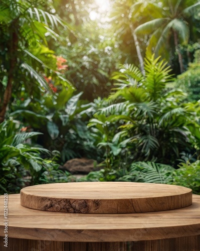  empty table top wooden counter podium in outdoor tropical garden forest blurred green plant background with space.organic produc