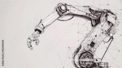 A wireframe robotic arm with a network of connections, rendered in grey scale. photo