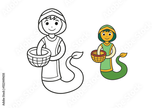 A cheerful girl snake charmer sits cross-legged beside a basket, playing a flute as a friendly snake emerges, surrounded by playful designs for kids to color.