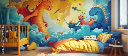 A bright, colourful bedroom with a mural of dragons in the clouds. photo