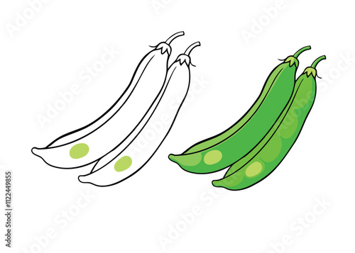 A fun green bean coloring page for kids! Features smiling beans on a vine with leaves, perfect for sparking creativity while learning about healthy veggies.