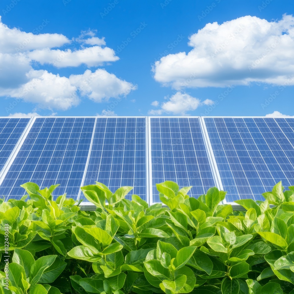 Fototapeta premium Solar panels and lush green plants under a bright blue sky with fluffy white clouds.