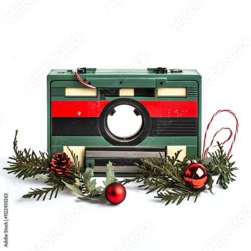 Vintage cassette player adorned with festive decorations for a nostalgic holiday vibe. photo