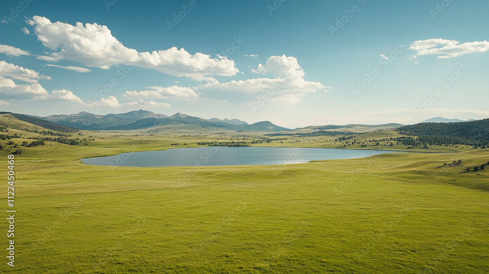 Obraz premium Scenic landscape featuring a serene lake surrounded by green fields and mountains