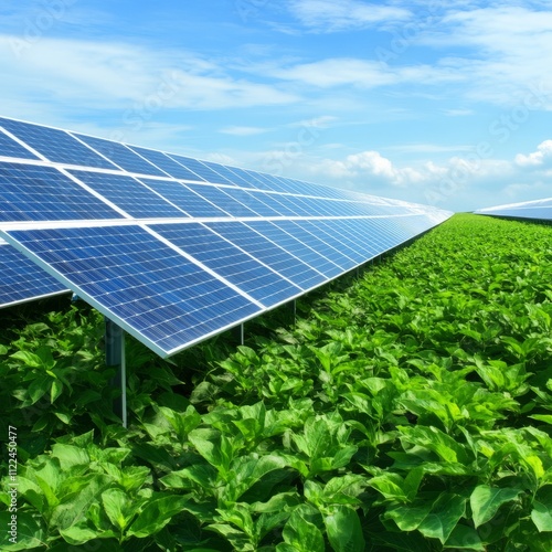 Solar panels in a field of green plants under a blue sky. photo