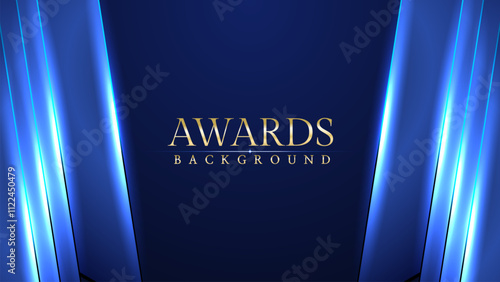 Blue awards graphic background with light neon effects with bokeh decorations. Luxury scene corporate design concept. Vector illustrations.