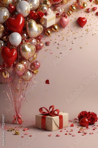 A vibrant arrangement featuring a red gift box with a golden ribbon, surrounded by heart-shaped balloons in pink and red tones, floating amidst confetti on a soft pink background photo