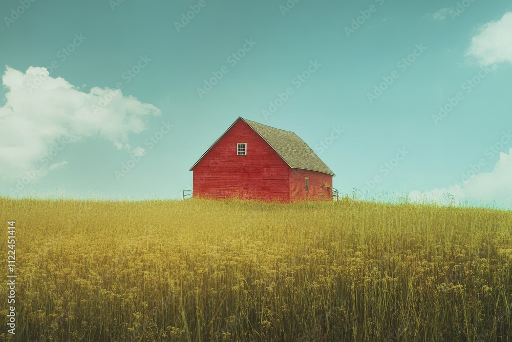 Obraz premium Red barn sits in golden field under a blue sky. Perfect for rural, farm, or harvest themes; evokes serenity and peace.
