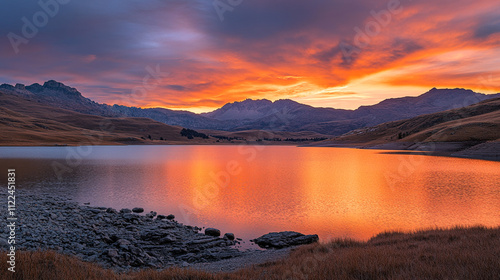 Breathtaking sunset over a serene lake surrounded by mountains in a remote landscape