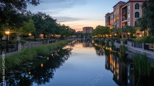 A peaceful waterway with reflections of the surrounding buildings and trees at dusk