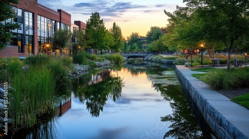 A peaceful waterway with reflections of the surrounding buildings and trees at dusk