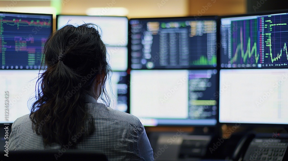 A financial analyst looking at charts on multiple monitors in an office. A financial analyst looking at charts on multiple monitors in an office.