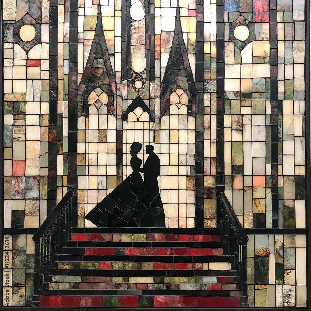 Obraz premium Stained glass window depicting a couple on a staircase in a Gothic style church.