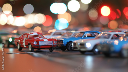 Classic toy cars at night, city lights blurred photo