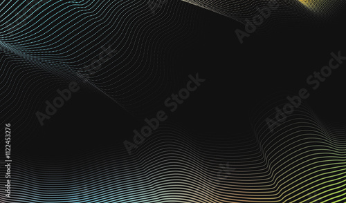 Abstract wave halfone dots blue yellow orange waves on a black background. Smoke colorful wave on dark background with glowing and effects. Intricate Curves of Orange Lines Forming a Fluid Wave Agains photo