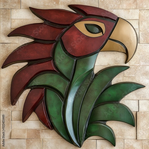 Stylized bird sculpture with green leaves on beige tile wall. photo