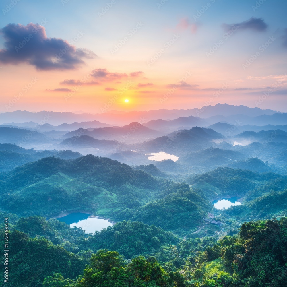 Fototapeta premium Sunrise over misty mountain range with lakes.