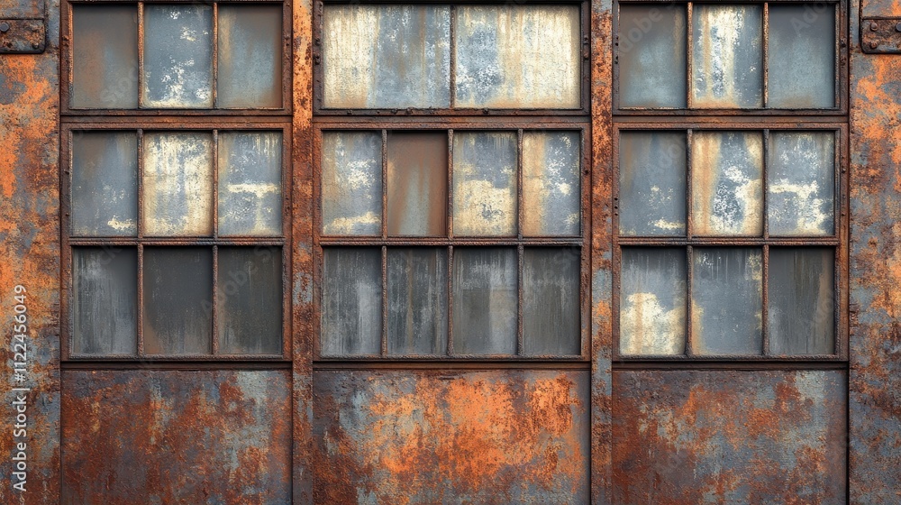 Rusty metal wall with multi-paned windows. Perfect for grunge, industrial, or urban design projects. Rusty metal wall with multi-paned windows. Perfect for grunge, industrial, or urban design projects.