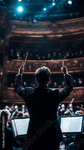Orchestra conductor leading a performance on stage.