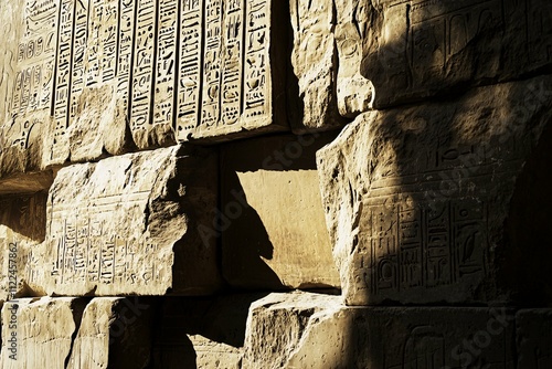 A striking wall of ancient stones at a historical site features detailed carvings and weathered textures, with light casting shadows that highlight their age and cultural importance. photo