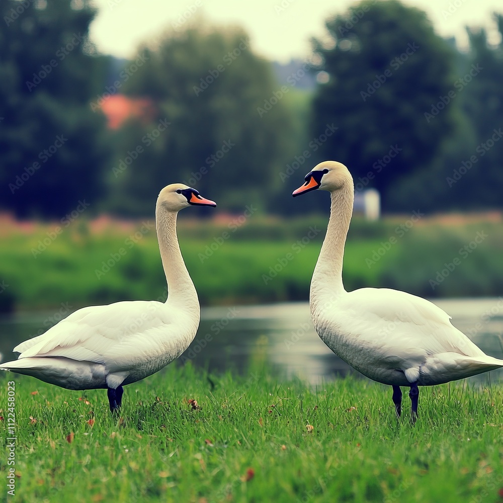 Obraz premium Two graceful white swans facing each other on a grassy lakeshore.
