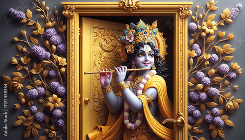 a beautiful lord sri krishna with flute opening a temple yellow wooden door and peeping outside, welcoming devotees outside are brown branches with small lavender color flowers photo