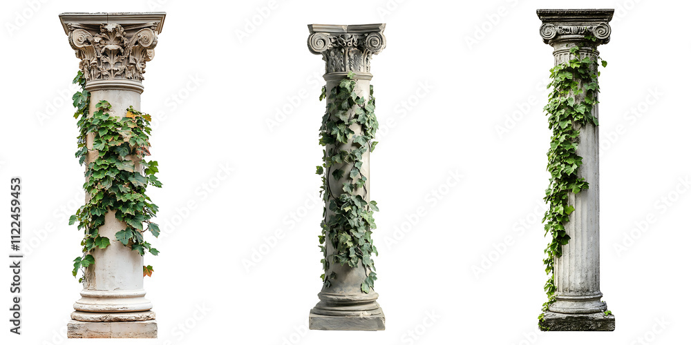 Naklejka premium Set of a Roman column wrapped in vines, isolated on a transparent background.