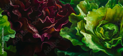 Close-up of fresh, vibrant greens and heads of lettuce, carefully arranged and ready to be plated in a well-tended kitchen garden. photo