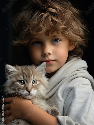 A playful child snuggles with a contented feline companion photo