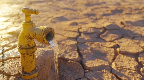 Yellow water tap leaking onto parched, cracked soil, symbolizing the global water crisis and environmental challenges
