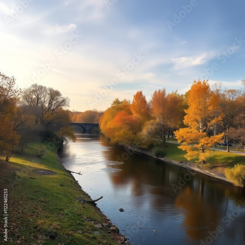 Tree lined river landscape in autumn thames river near london ontario canada River landscapes Ultra realistic Photorealistic landscape photographywater travel sky beautiful tourism outdoor photo