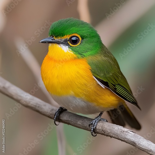 Vibrant green and yellow bird perched on a branch. photo