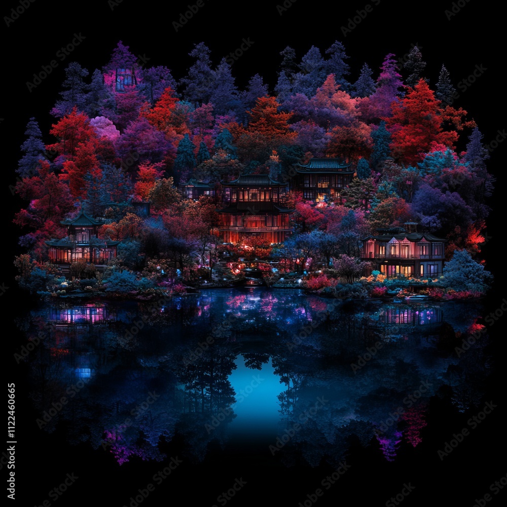 Fototapeta premium Vibrant nighttime scene of illuminated houses nestled amongst colorful trees reflected in a still lake.