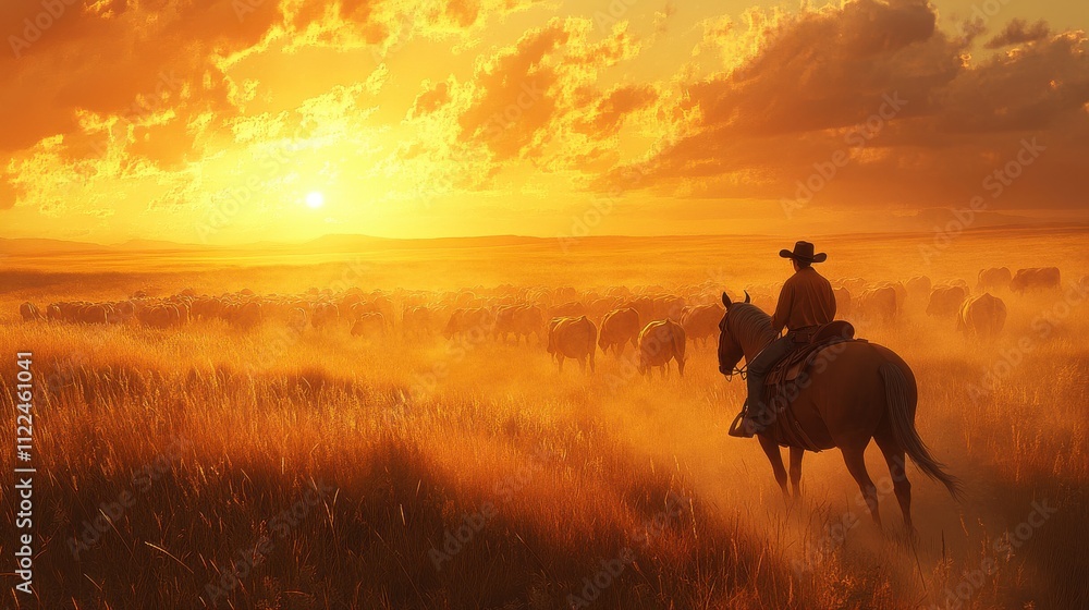 Naklejka premium Silhouette of a cowboy riding a horse at sunset in a golden field, evoking a wild west adventure 