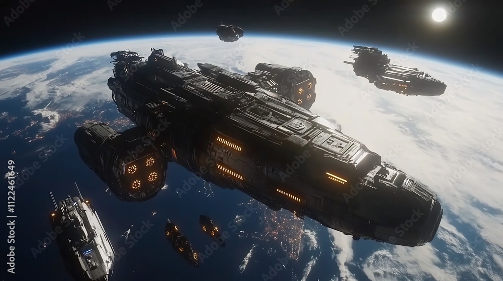 Obraz premium Space Fleet Above Earth: Sci-Fi Spaceships Orbiting a Blue Planet