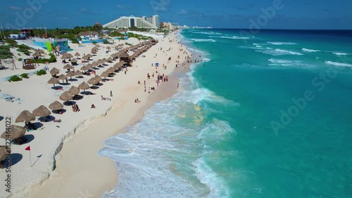 Aerial Drone View of Playa Delfines in Cancun with Turquoise Waters