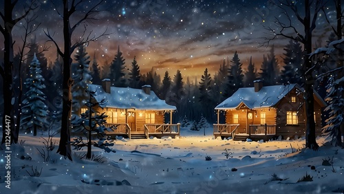 Preciosa y artística acuarela de un reno de frente con luces navideñas en sus cuernos con fondo de bosque nevado desenfocado con bokeh, en tonos azules, marrones y dorados 