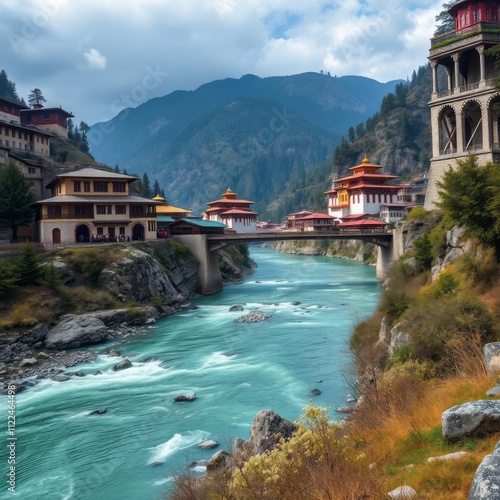 Iron chain bridge of tachog lhakhang monastery paro river bhutan River landscapes Ultra realistic Photorealistic landscape photographywater travel sky beautiful tourism outdoor photo