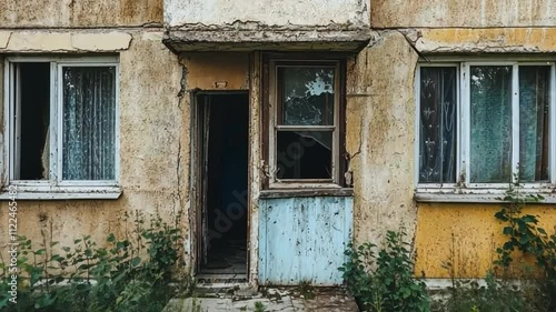 Deserted residential buildings with broken windows and overgrown yards, abandoned and forgotten. photo