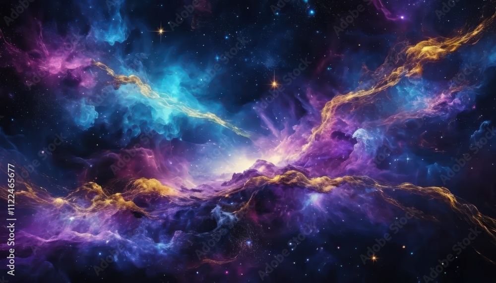 Fototapeta premium A stunning display of colors arises from a cosmic explosion, highlighting vibrant nebulae and swirling gases in the depths of space. Bright stars punctuate the captivating scene.