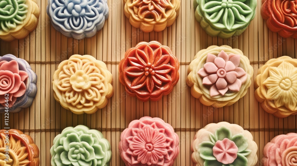 Fototapeta premium Colorful Traditional Mooncakes Arranged Beautifully on Bamboo Mat