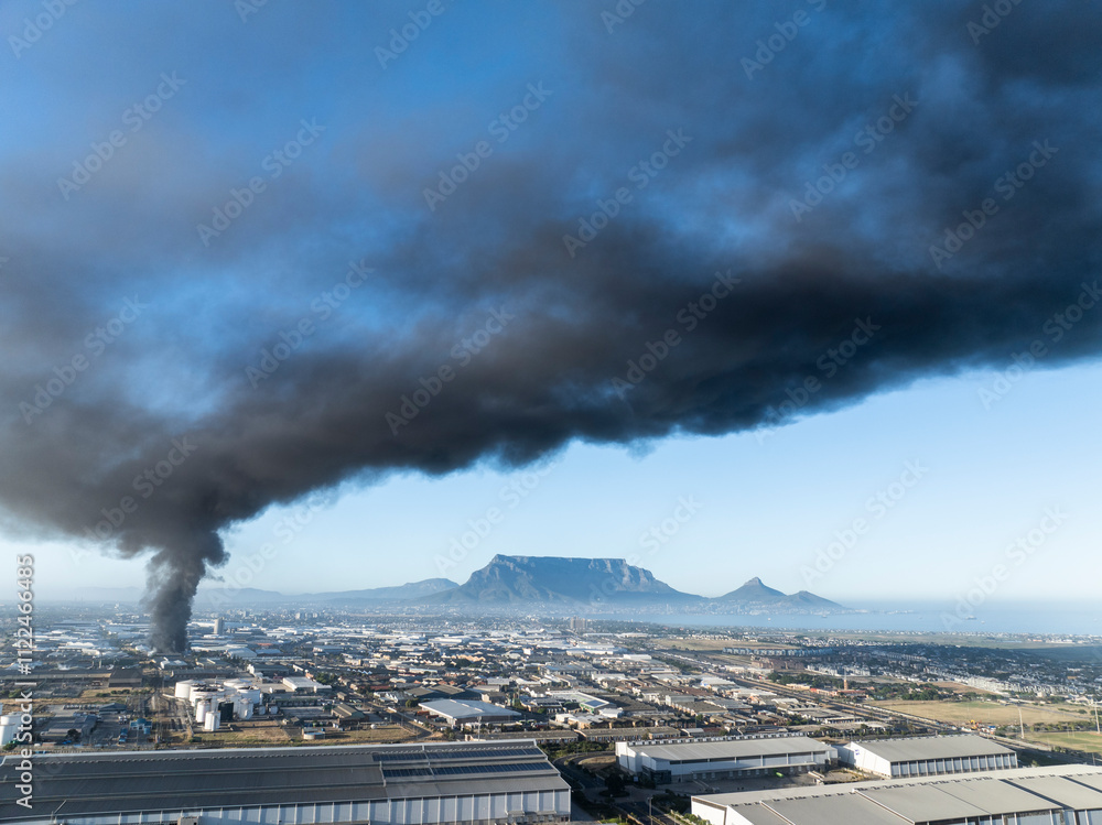 Fototapeta premium Factory fire spilling huge smoke cloud into Cape town sky aerial view with Table Mountain in background