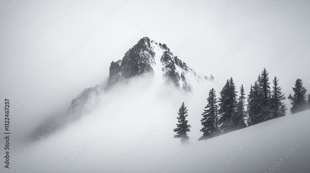 Obraz premium Majestic mountain peak shrouded in mist with evergreen trees in a winter landscape