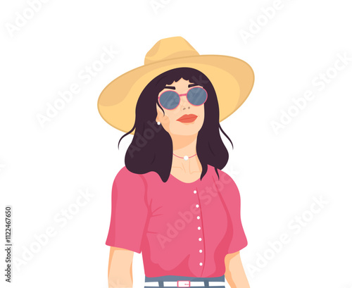 Beautiful girl with hat and sunglasses . Summer vacation. Vector illustration.