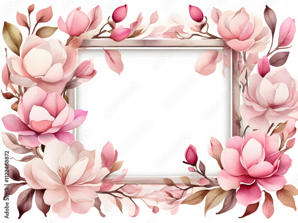 Fototapeta premium A delicate watercolor floral frame with soft pink magnolias and lush greenery.