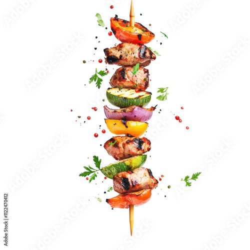 A colorful skewer featuring grilled meat and vegetables, ideal for barbecue dishes.