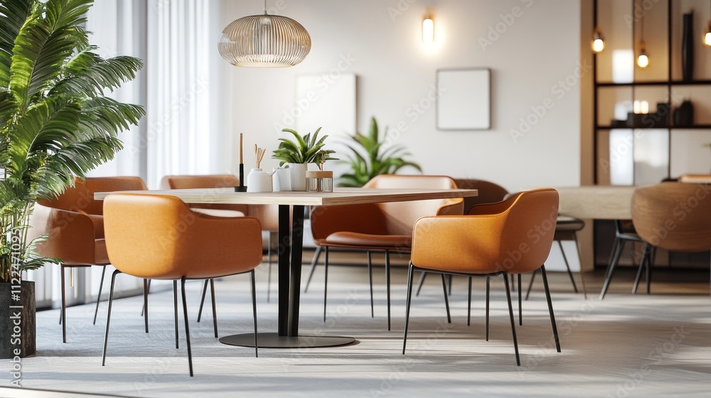 Fototapeta premium Modern Interior Design: Orange Chairs and Wooden Table in a Bright Room